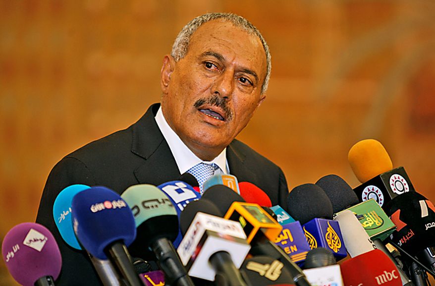 Yemeni President Ali Abdullah Saleh speaks during a media conference in Sanaa, Yemen, on Monday, Feb. 21, 2011. Mr. Saleh rejected demands that he step down and said the widespread demonstrations against his regime were unacceptable acts of provocation, though he renewed calls for talks with the protesters. After a week and a half of marches that have left nine dead, Mr. Saleh said that he had ordered the army to fire at demonstrators "only in case of self-defense." (AP Photo/Hani Mohammed)