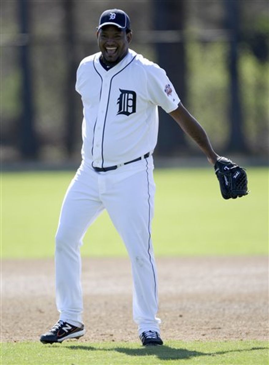 FILE - This Feb. 14, 2011, file photo shows Detroit Tigers relief pitcher Jose Valverde reacting after missing a ground ball during a baseball spring training workout Monday, Feb. 14, 2011, in Lakeland, Fla. After looking like one of baseball's best closers early in the season, Valverde struggled late. He'll try to get back on track as part of what could be an impressive Detroit bullpen. (AP Photo/David J. Phillip, File)