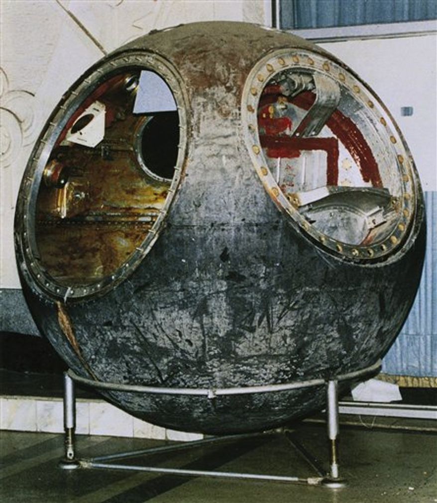 FILE - This undated file photo provided by Sotheby's in New York shows the Vostok 3KA-2 space capsule, flown with the cosmonaut-mannequin Ivan Ivanovich on March 25, 1961, as the final test mission prior to Yuri Gagarin's first manned space flight. The capsule, the only Vostok space capsule outside of Russia and the only one in private hands, is scheduled to be offered at auction by Sotheby's on April 12, 2011, the 50th anniversary of Gagarin's flight. (AP Photo/Sotheby's, File)