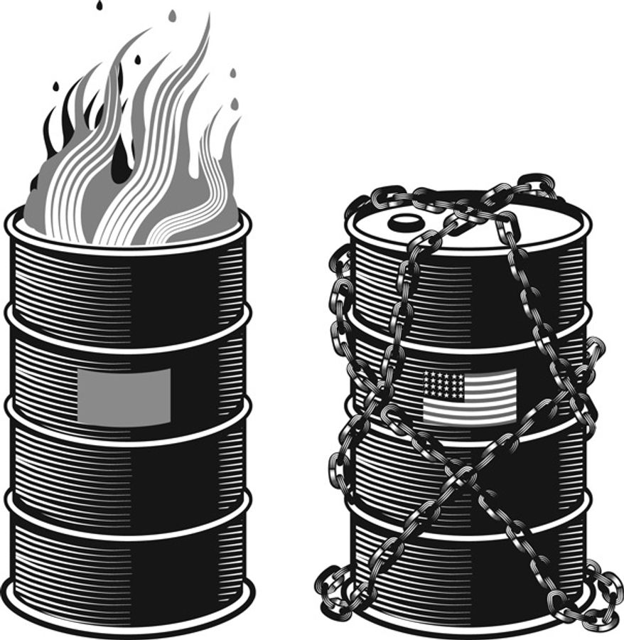 Illustration: Oil drums by Linas Garsys for The Washington Times