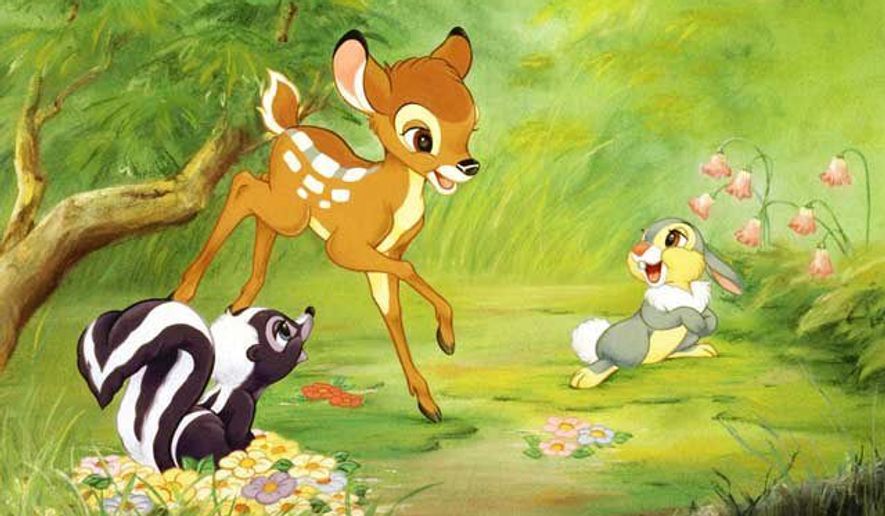 Bambi; Thumper, a young rabbit; and Flower, a skunk, frolic in the woods in the classic Walt Disney animated film &quot;Bambi.&quot; 