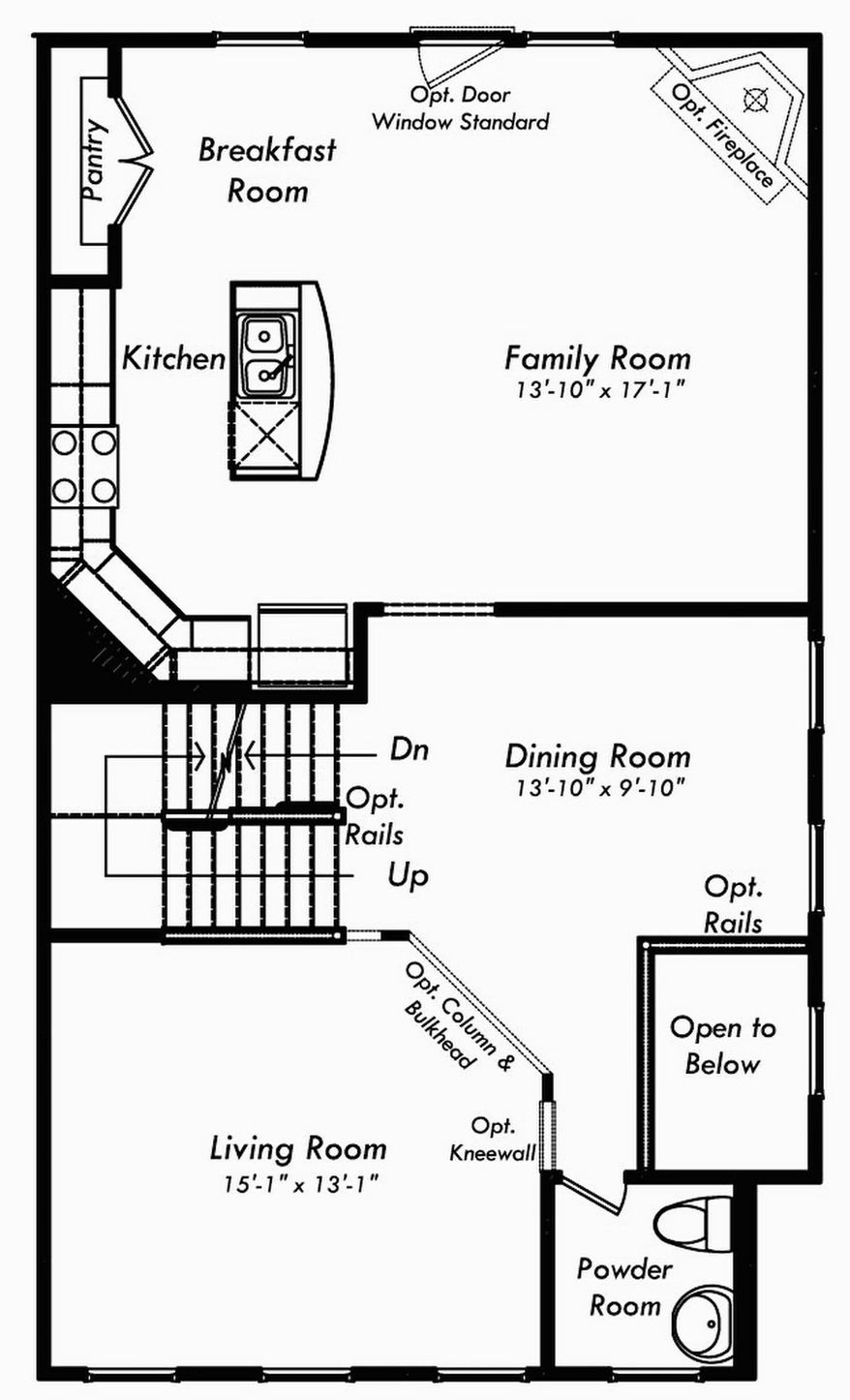 The Astoria model features a center-island kitchen open to the family room on the main level with three bedrooms and two full baths upstairs.