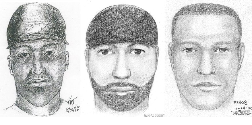 ** FILE ** This composite of artists' sketches provided by the Fairfax, Va., County Police Department shows the likeness of a suspect wanted for 12 sexual assaults or attempted sexual assaults between 1997 and 2009 in Maryland, Virginia, Connecticut and Rhode Island. The sketches were made (from left) in 1998, 1999 and 2000. (AP Photo/Fairfax County Police, File)