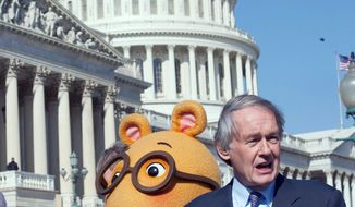 Rep. Edward J. Markey, Massachusetts Democrat, flanked by Arthur from the popular PBS children&#39;s show, is defending public programming against Republican funding cuts. (Associated Press)