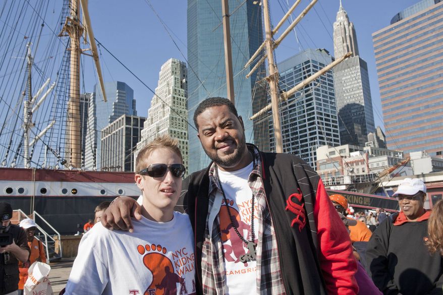 Ryan Perkins, 23, left, stands with "30 Rock" actor Grizz Chapman in New York City in this undated photo provided by the National Kidney Foundation. Last June, Perkins, who had been in the hospital for nothing more serious than a broken wrist when he was a kid, donated his kidney to Chapman, 36, who suffered from kidney disease for four years, a condition brought on by hypertension. (AP Photo/Courtesy of National Kidney Donation)