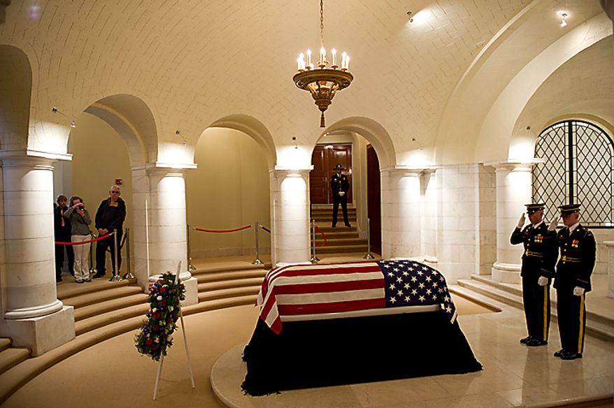 The U.S. Army's 3rd Infantry Regiment, "The Old Guard," changes the guard as the body of former Army Cpl. Frank Woodruff Buckles, the last surviving American veteran of World War I, lies in honor in the Memorial Amphitheater Chapel at Arlington National Cemetery in Arlington, Va., on Tuesday, March 15, 2011. (Rod Lamkey Jr./The Washington Times)