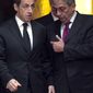 French President Nicolas Sarkozy, left, and Arab League Secretary-General Amr Moussa discuss in the Elysee Palace in Paris, during a crisis summit on Libya, Saturday, March, 19, 2011. Britain and France took the lead in plans to enforce a no-fly zone over Libya on Friday, sending British warplanes to the Mediterranean and announcing a crisis summit in Paris with the U.N. and Arab allies. (AP Photo/Lionel Bonaventure, Pool)