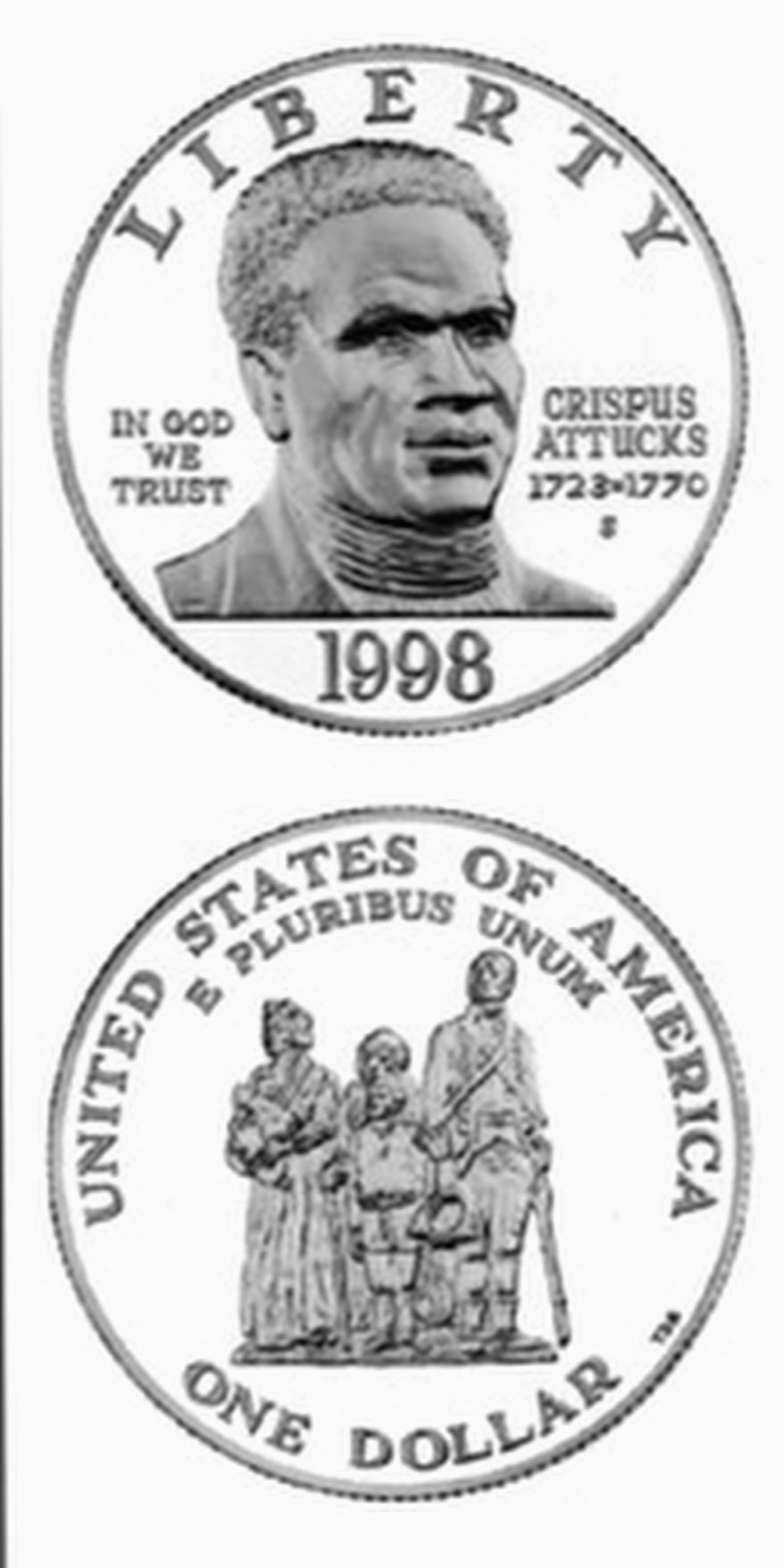 The U.S. Mint issued a commemorative coin to jump-start fundraising for the nonprofit Black Patriots Foundation featuring an image of Crispus Attucks. (U.S. Mint photograph)