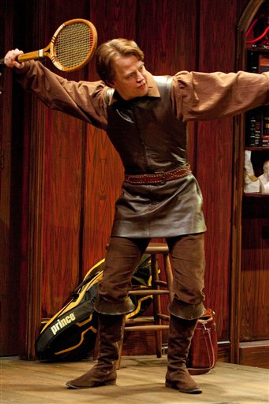 In this theater publicity image released by The Pearl Theatre Company, Sean McNall portrays Hamlet in a scene from "Wittenberg," in New York. (AP Photo/The Pearl Theatre Company, Sam Hough)
