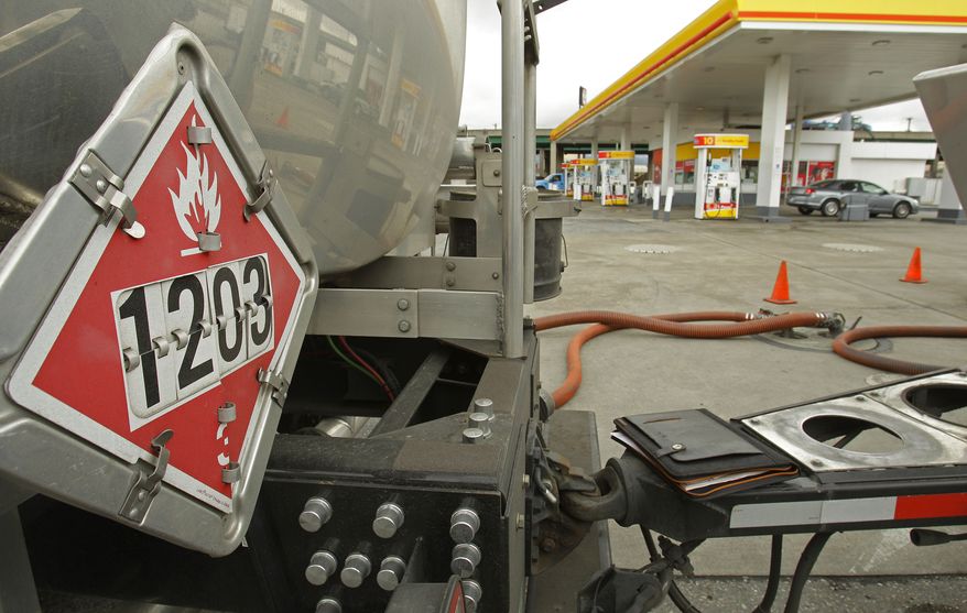 Gasoline is delivered to a filling station in Oakland, Calif., on Tuesday, March 8, 2011. Higher prices have caused consumer spending to increase. (AP Photo/Ben Margot)