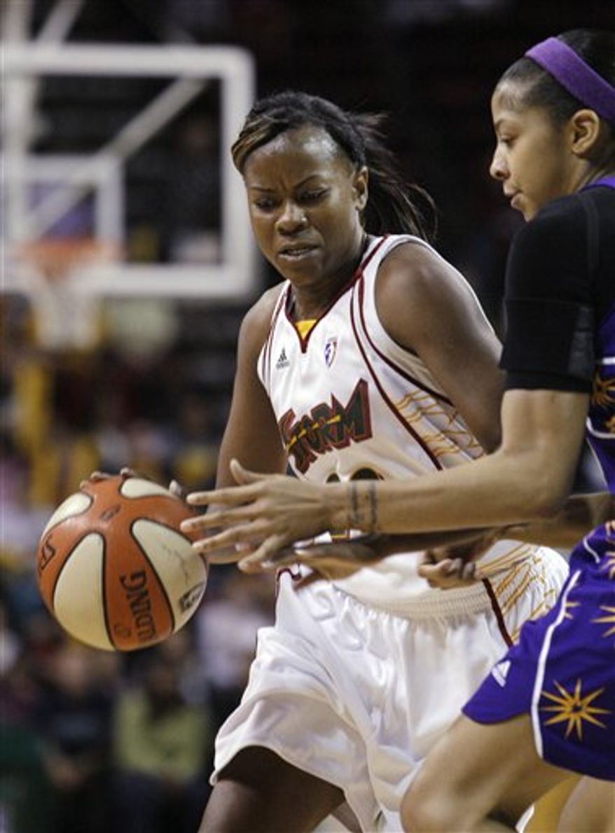 FILE - In this Sept. 23, 2008, file photo, Seattle Storm's Sheryl Swoopes, left, tries to drive past Los Angeles Sparks' Candace Parker during a WNBA playoff basketball game in Seattle. Former WNBA star Swoopes is set to agree to a deal with the Tulsa Shock, a person with knowledge of the situation told The Associated Press on Sunday night, March 27, 2011. The person spoke on condition of anonymity because the Shock weren't announcing the deal until Monday. Swoopes has spent the last few years overseas. (AP Photo/Elaine Thompson, File)