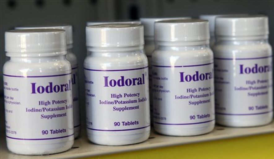 This Tuesday, March 15, 2011, file photo shows bottles of potassium iodide on the shelf of the Texas Star Pharmacy in Plano, Texas. (AP Photo/Richard Matthews) ** FILE **