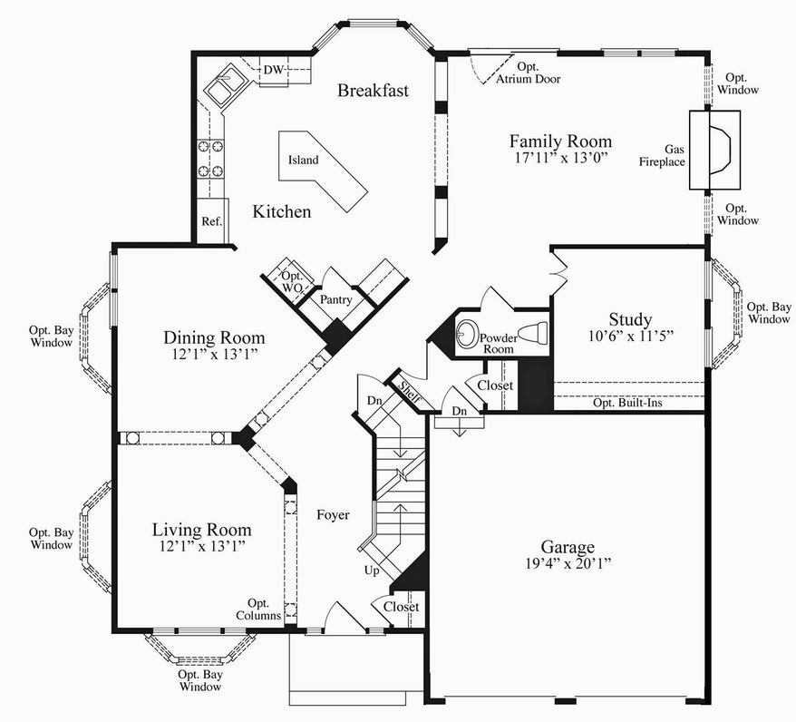 The Waverly has a first-floor study, a family room with a fireplace, a center-island kitchen and breakfast area, and formal dining and living rooms on the main level. Upstairs are four bedrooms, two baths and a laundry area.