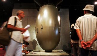 A replica of the 4.5-ton atomic bomb Fat Man is at the Nagasaki Atomic Bomb Museum in Nagasaki, western Japan. (Associated Press)