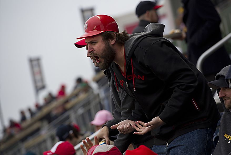 Pete Vogel of Falls Church, Va., gets upset about one of the Nationals' plays on opening day, Thursday, March 31, 2011 at Nationals Park in Washington, D.C. (Barbara L. Salisbury/The Washington Times)