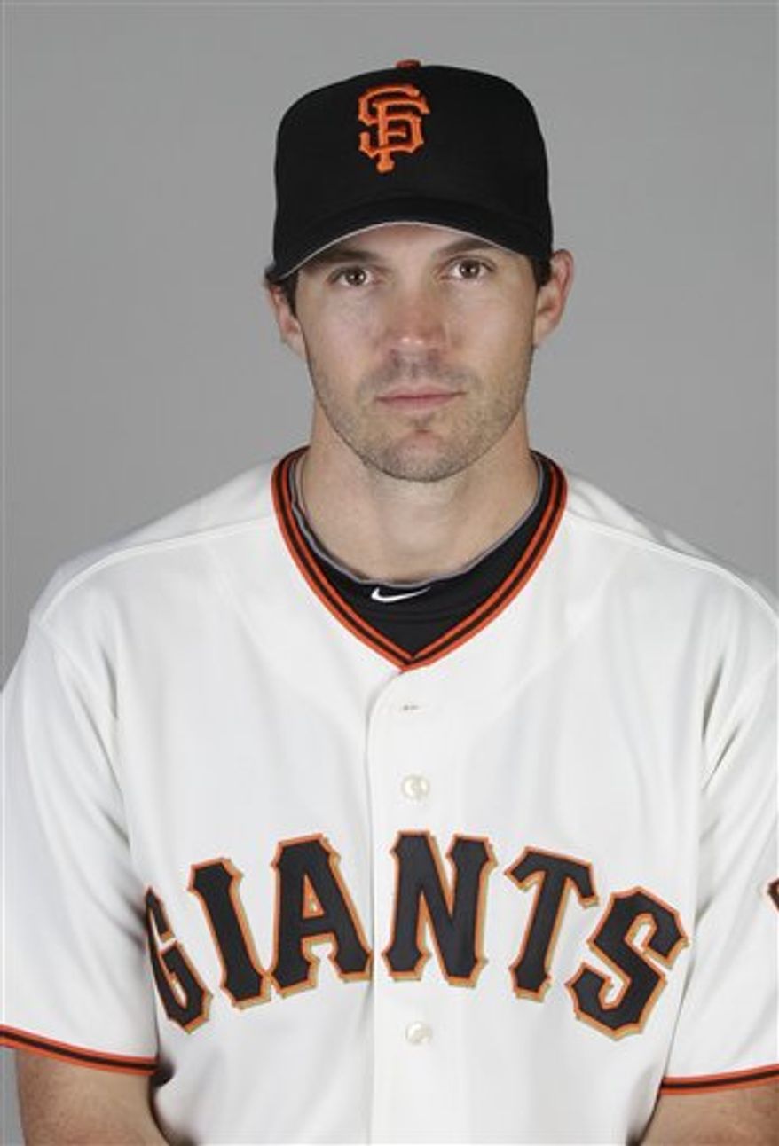 FILE - This 2011 photo shows San Francisco Giants baseball pitcher Barry Zito. Zito was taken to a hospital after his car was hit broadside at a West Hollywood intersection. The crash occurred shortly before 8 p.m. Wednesday, March 30, 2011, at Sunset Boulevard and Sunset Plaza Drive, Los Angeles County Sheriff's spokesman Sgt. Joseph Morien told The Associated Press. (AP Photo/Marcio Jose Sanchez, File)