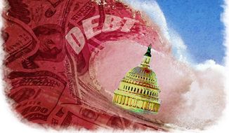 Illustration: Debt tsunami by Greg Groesch for The Washington Times