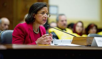 U.S. Ambassador to the U.N. Susan Rice told the House Foreign Affairs Committee on Thursday that the &quot;Libya mission is not one that falls under U.N. accounting or U.S. budgeting. It is something we are undertaking in a national capacity.&quot; (Rod Lamkey Jr./The Washington Times)