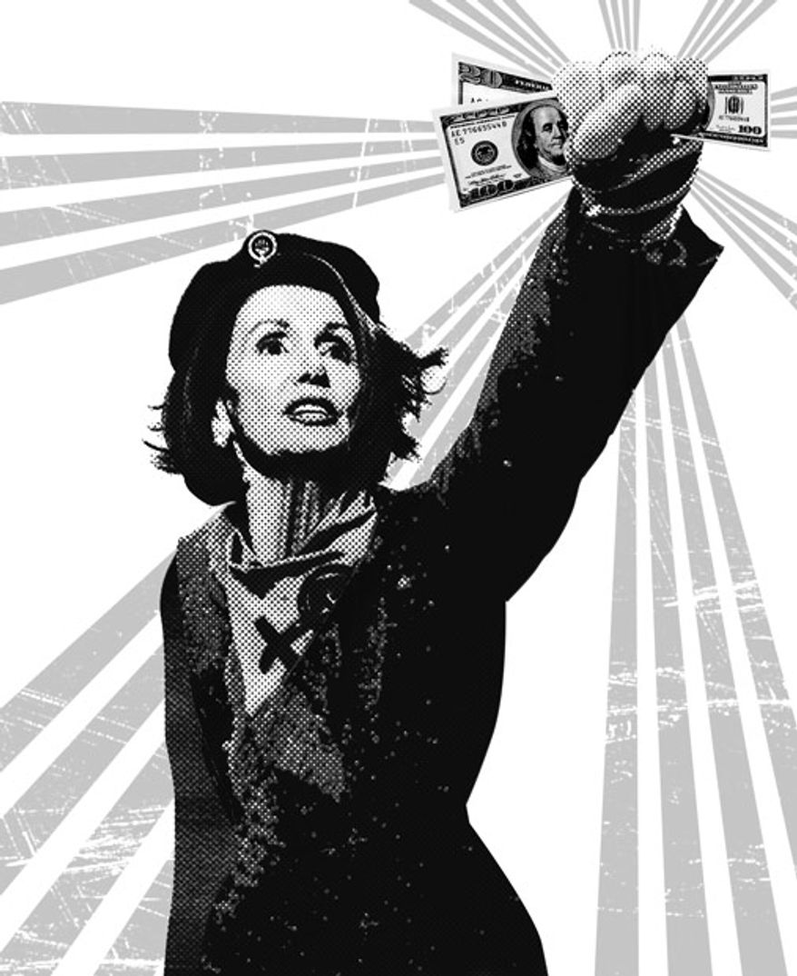 Illustration: Pelosi budget by Linas Garsys for The Washington Times