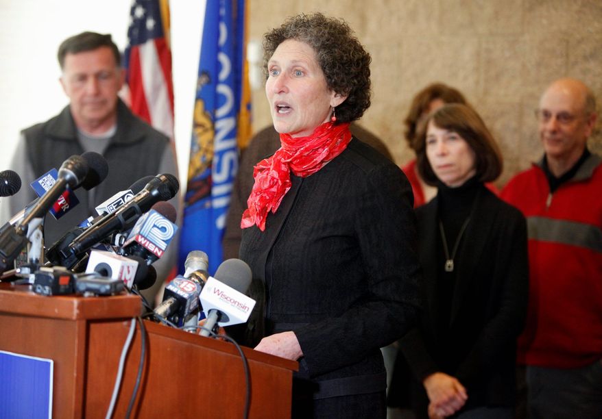 JoAnne Kloppenburg speaks during a news conference at the Warner Park Community Recreation Center in Madison, Wis., on Wednesday, April 20, 2011. (AP Photo, Wisconsin State Journal, Michael P. King)