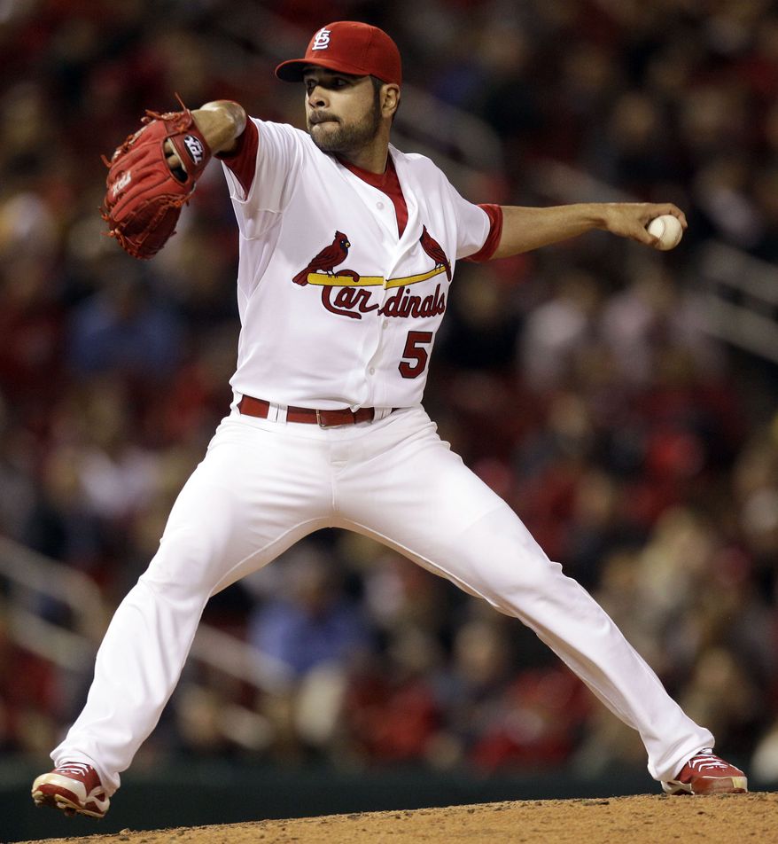 St. Louis Cardinals starting pitcher Jaime Garcia kept the Nationals' bats quiet, allowing just one earned run and four hits in his five innings pitched. (AP Photo/Jeff Roberson)