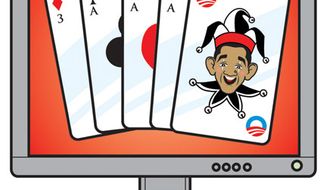 Illustration: Online poker by Linas Garsys for The Washington Times
