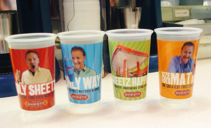 ASSOCIATED PRESS
Filmmaker Morgan Spurlock's image appears on Sheetz collector's cups as part of the promotion of the new documentary, "POM Wonderful Presents: The Greatest Movie Ever Sold." The convenience store chain is a key sponsor of the film.