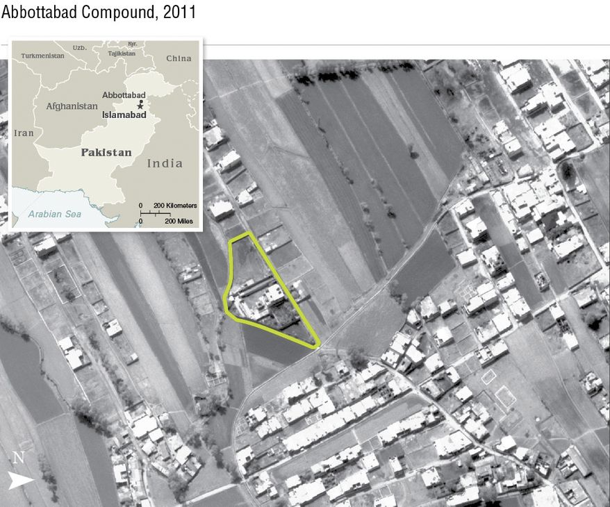 This undated aerial handout image provided by the CIA shows the Abbottabad compound in Pakistan where American forces in Pakistan killed Osama bin Laden, the mastermind behind the Sept. 11, 2001 terrorist attacks. (Associated Press/CIA)