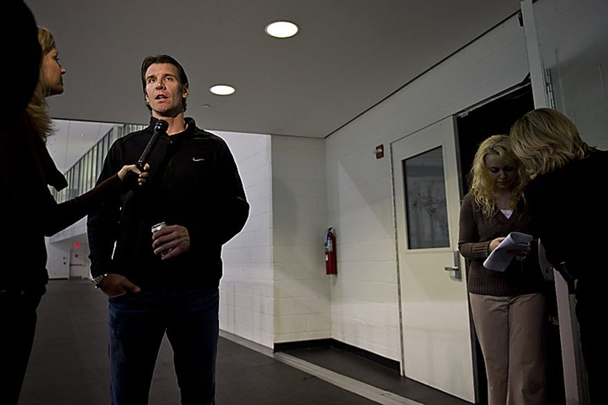 Capitals player Mike Knuble talks with the media outside the locker room at the Kettler Ice Complex in Arlington on Thursday, May 5, 2011. (Drew Angerer/The Washington Times)