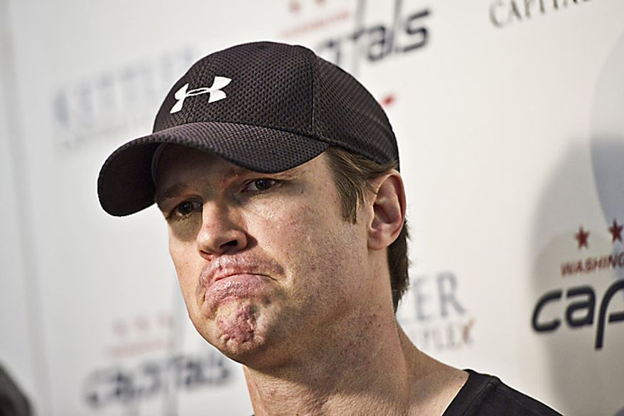 Capitals player Jason Arnott talks with the media at the Kettler Ice Complex in Arlington on Thursday, May 5, 2011. (Drew Angerer/The Washington Times)