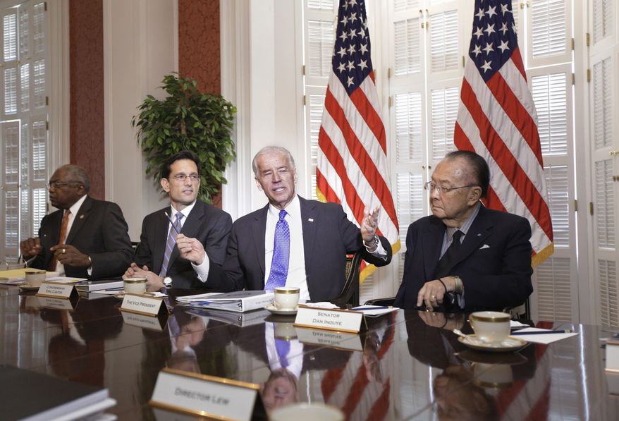 ** FILE ** Vice President Joseph R. Biden Jr. meets on Thursday, May 5, 2011, with congressional Republicans and Democrats at the Blair House in Washington in hopes of striking a deal on deficit reduction. From left are House Assistant Minority Leader James Clyburn, South Carolina Democrat; House Majority Leader Eric Cantor, Virginia Republican; Mr. Biden; and Sen. Daniel K. Inouye, Hawaii Democrat, who chairs the Senate Appropriations Committee. (Associated Press)