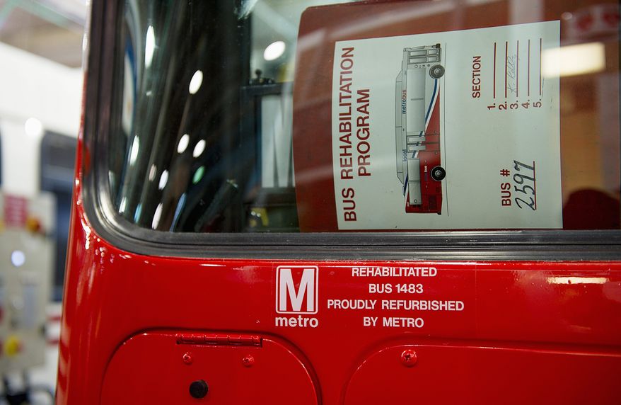 BARBARA L. SALISBURY/THE WASHINGTON TIMES
Each refurbished Metro bus is labeled with a "Rehabilitated" note before returning to circulation. Every year, 100 buses are rehabilitated at a cost of $122,000 each during an 8- to 10-week process.