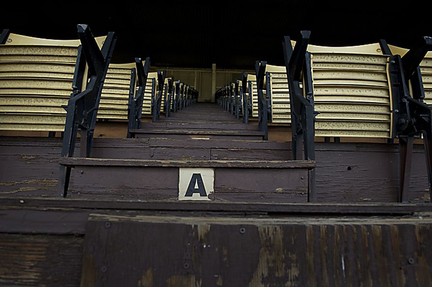Chipped paint is a common sight five days before the 136th running of the Preakness Stakes, as the grounds at the Pimlico Race Course are still in need of repair in Baltimore, Md., Monday, May 16, 2011. (Rod Lamkey Jr./The Washington Times)