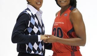 ASSOCIATED PRESS
Washington Mystics general manager and coach Trudi Lacey (left) shares a moment with guard Alana Beard during media day at Verizon Center. Beard, a four-time All-Star, missed all of last season with an Achilles&#39; tendon injury.
