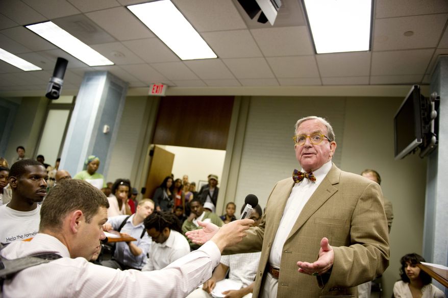 ROD LAMKEY JR./THE WASHINGTON TIMES
"From those who have everything, we get $18 million. From those who have nothing, we get $27 million. And I ask you, 'Does that make sense to you?' " said Council member Jim Graham, Ward 1.