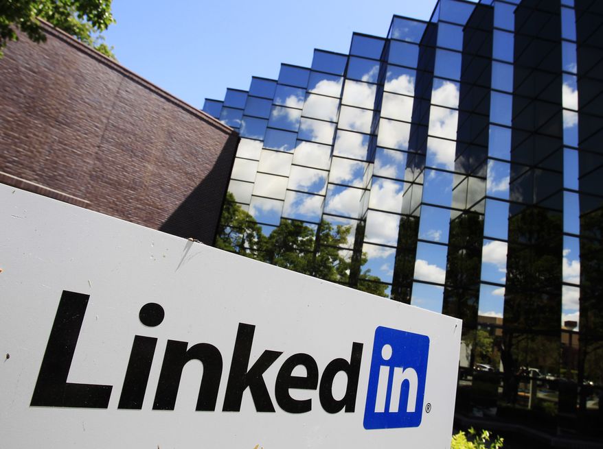 LinkedIn Corp., the professional networking Web site, displays its logo outside of headquarters in Mountain View, Calif., on May 9, 2011. (Associated Press) ** FILE **