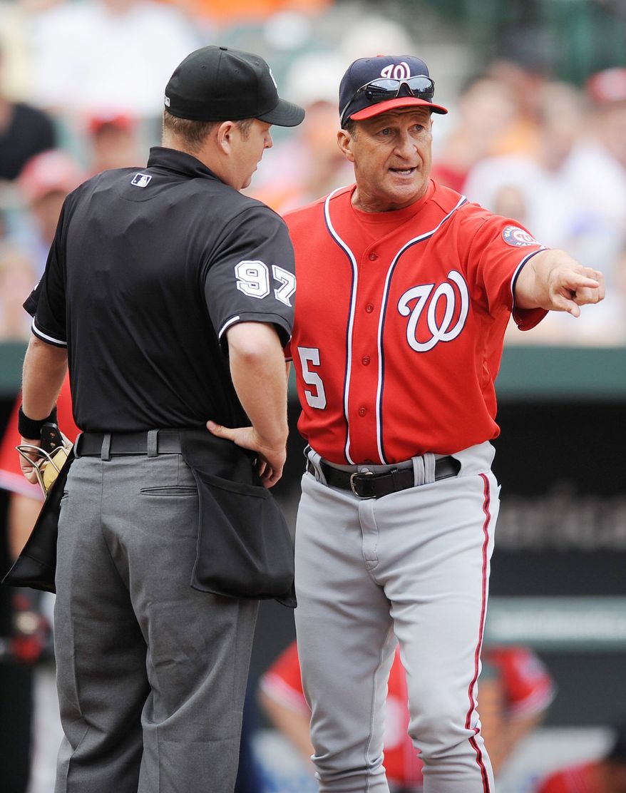 ASSOCIATED PRESS
Washington manager Jim Riggleman's afternoon at Baltimore lasted just two pitches when he was ejected for arguing an out call on the first batter.