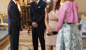 ** FILE ** President Obama (left) and first lady Michelle Obama (right) meet with Britain&#39;s Prince William and his wife, the Duchess of Cambridge, nee Kate Middleton, at Buckingham Palace in London on Tuesday, May 24, 2011. (AP Photo/Charles Dharapak, Pool)