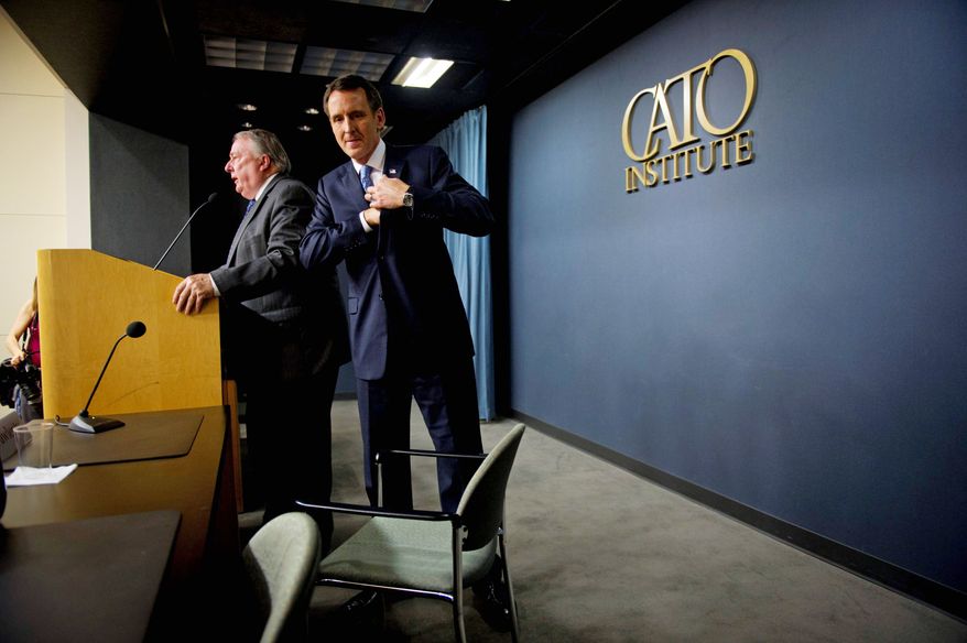"We can't have the people getting paid by the taxpayers getting a better deal than the taxpayers themselves," presidential candidate Tim Pawlenty said at the Cato Institute on Wednesday. Institute President Ed Crane is at left. (Rod Lamkey Jr./The Washington Times)