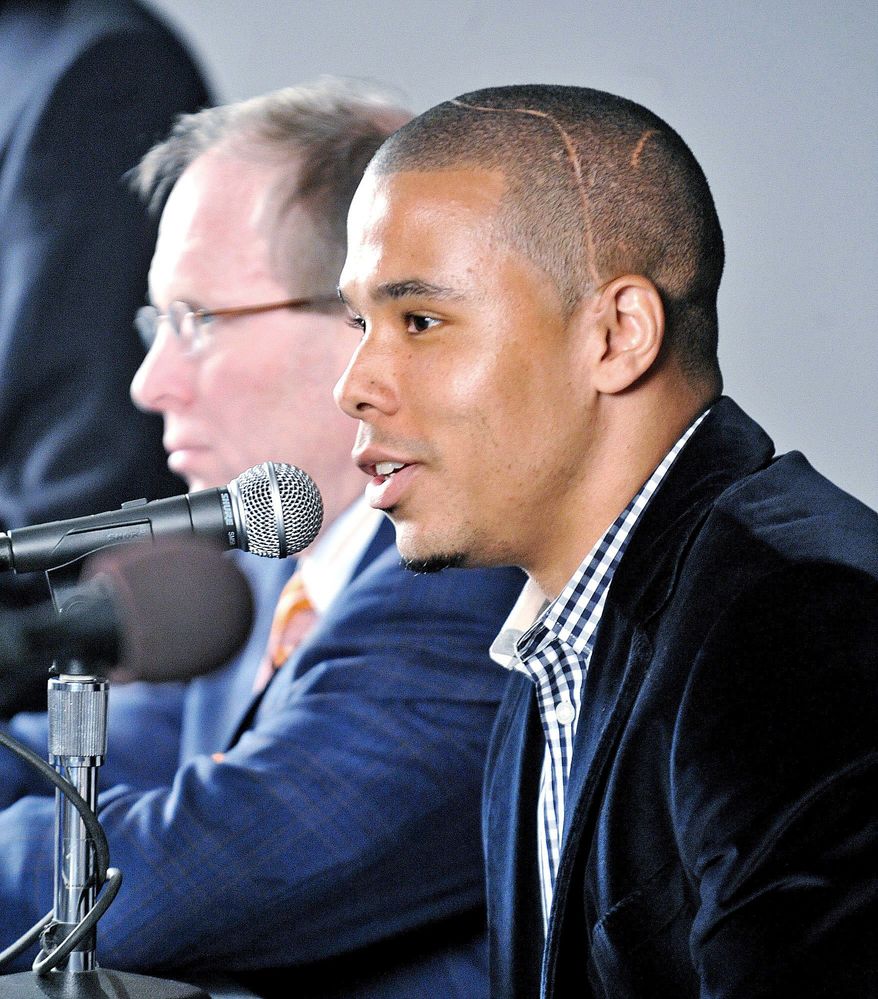 Charlie Davies speaks during an introductory press conference for D.C. United on Wednesday, February 16, 2011. (Ben Keller/D.C. United)
