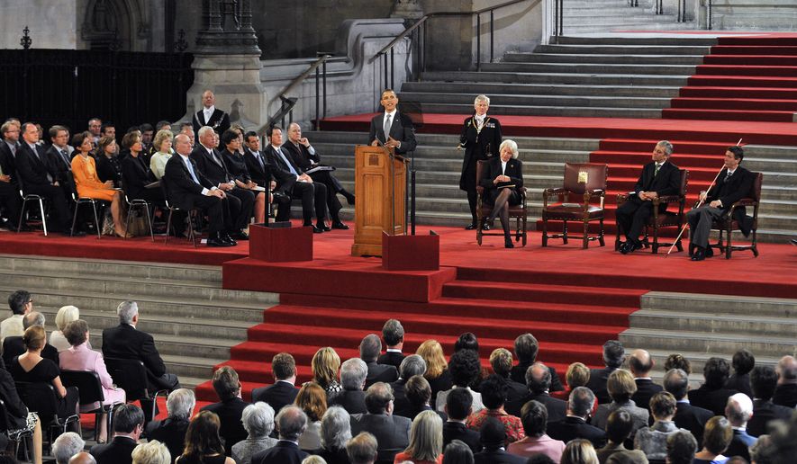 President Obama delivers a speech to both Houses of Parliament during the second day of his state visit in London, Wednesday, May 25, 2011. Obama was granted the honor of being the first U.S. president to speak from the grand setting of Westminster Hall. (AP Photo/Andy Rain, pool)