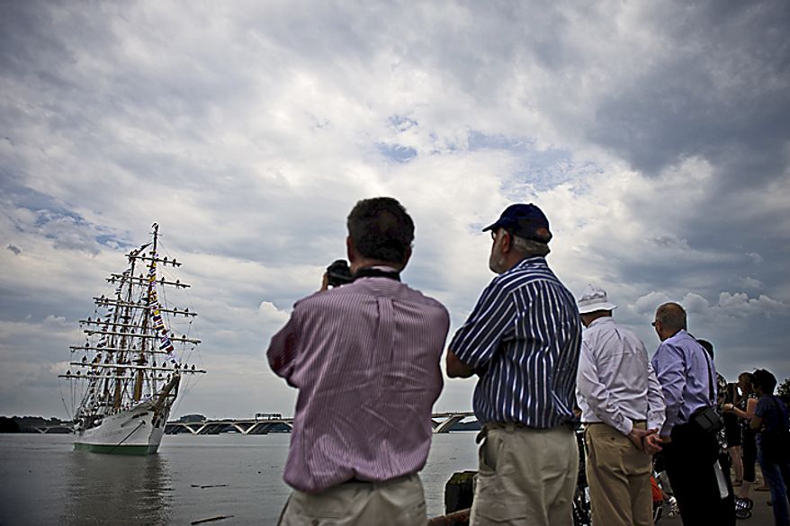 The ARC "Gloria" prepares to dock on the waterfront in Alexandria, Va., on May 24, 2011. The ARC "Gloria" is Colombia's flagship and the training ship of the Colombian Navy. The 1,300-ton, 249.3 (including the bowsprit) x 34.8-foot, three-mast sailing vessel, commissioned on Sept. 7, 1968, is manned by 12 naval officers, 58 crew members and 72 cadets and is on its 2011 goodwill tour. (Drew Angerer/The Washington Times)