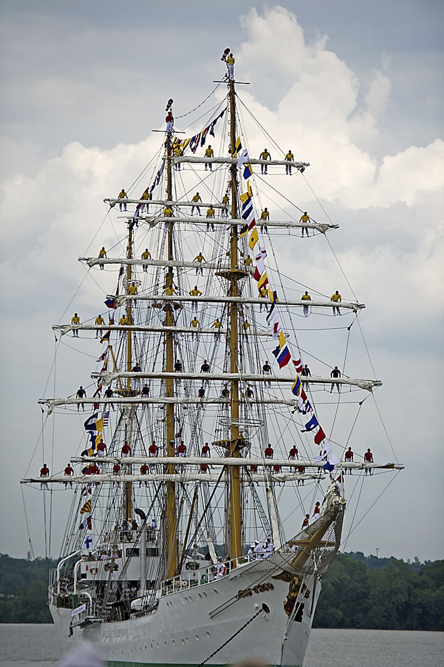 The ARC "Gloria" prepares to dock on the waterfront in Alexandria, Va., Tuesday, May 24, 2011. The ARC "Gloria" is Colombia's flagship and the training ship of the Colombian Navy. (Drew Angerer/The Washington Times)