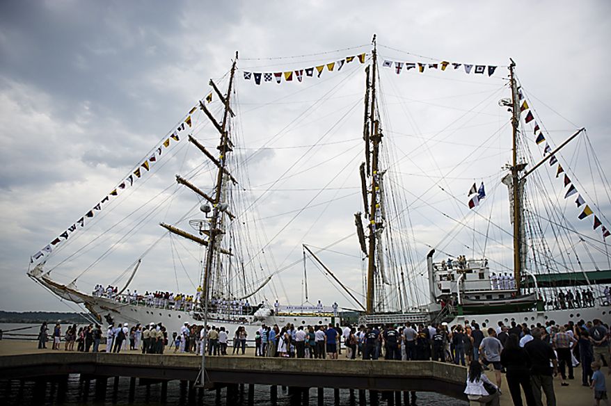 The ARC "Gloria" prepares to dock on the waterfront in Alexandria, Va., on May 24, 2011. The ARC "Gloria" is Colombia's flagship and the training ship of the Colombian Navy. (Drew Angerer/The Washington Times)
