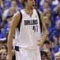 NBA Playoffs: Dallas Mavericks forward Dirk Nowitzki scored 26 points and had nine rebounds in the victory over the Oklahoma City Thunder on Wednesday, May 25, 2011 that sends Dallas to the NBA finals. (AP Photo/Tony Gutierrez)