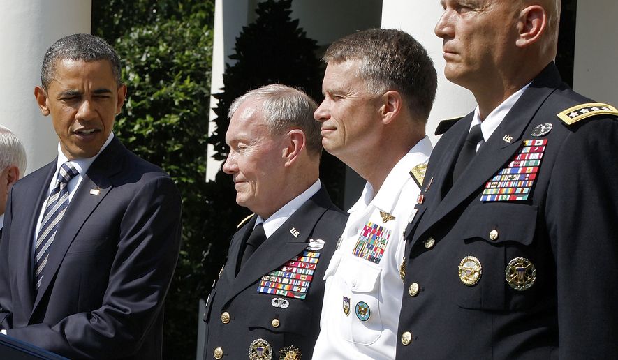 President Obama introduces (from left) Army Gen. Martin E. Dempsey, the next chairman of the Joint Chiefs of Staff; Adm. James A. Winnefeld, the new vice chairman of the Joint Chiefs; and Gen. Ray Odierno, the next Army chief of staff, during a Rose Garden ceremony at the White House in Washington on Monday, May 30, 2011. (AP Photo/Charles Dharapak)