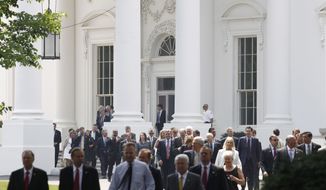 House Republicans leave the White House via the North Portico on Wednesday, June 1, 2011, after their meeting with President Obama on the debt ceiling. (AP Photo/Charles Dharapak)