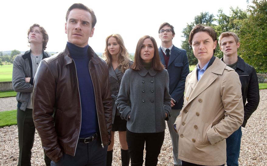 20th Century Fox via Associated Press
From left: Caleb Landry Jones, Michael Fassbender, Jennifer Lawrence, Rose Byrne, Nicholas Hoult, James McAvoy and Lucas Till may look normal in this scene from "X-Men: First Class," but their characters' mutant powers stop a nuclear war and give new life to a story line that should intrigue devotees of the comic book series.