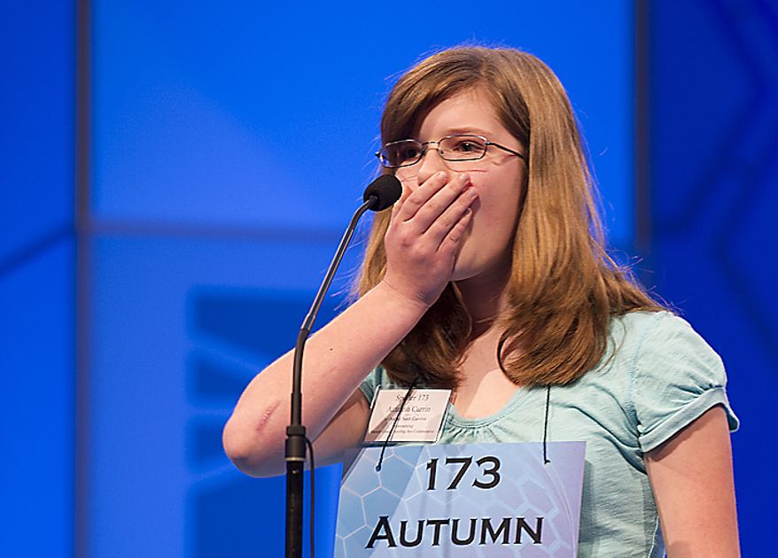Autumn Currin, 11, of Lillington, N.C., claps her hand over her mouth after she realizes she left out one of the two Zs in mozzarella, her word in Round Two of the 2011 Scripps Howard National Spelling Bee, which took place Wednesday, June 1, 2011 at the Gaylord National in Oxon Hill, Md. Two hundred and seventy-five spellers from around the country competed in rounds two and three. Spellers were not eliminated during Wednesday's rounds, but rather earned points towards competing in the semifinals, which will be held tomorrow. (Barbara L. Salisbury/The Washington Times)