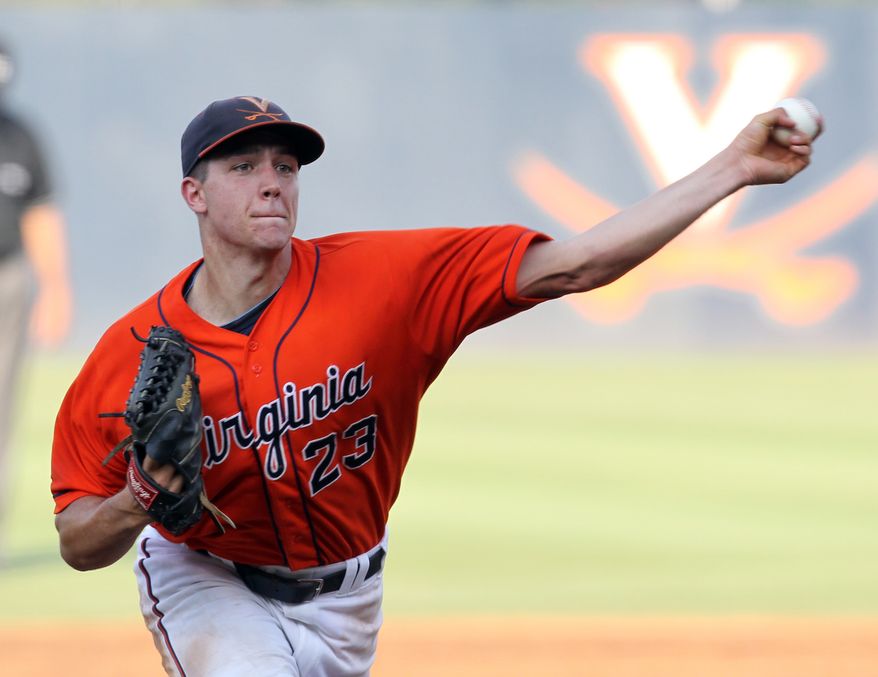 Virginia pitcher Danny Hultzen (23) throws the ball during Game 4 of the NCAA college regional baseball tournament against St. John's on Saturday, June 4, 2011, in Charlottesville, Va. Virginia won 10-2 and Hultzen threw seven innings, allowing one run and striking out 12. (AP Photo/Andrew Shurtleff)